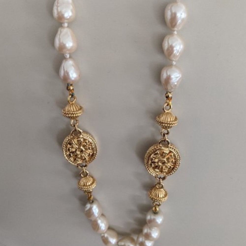 Stunning 43.25” St. John  Faux Pearl & Goldtone Link Necklace